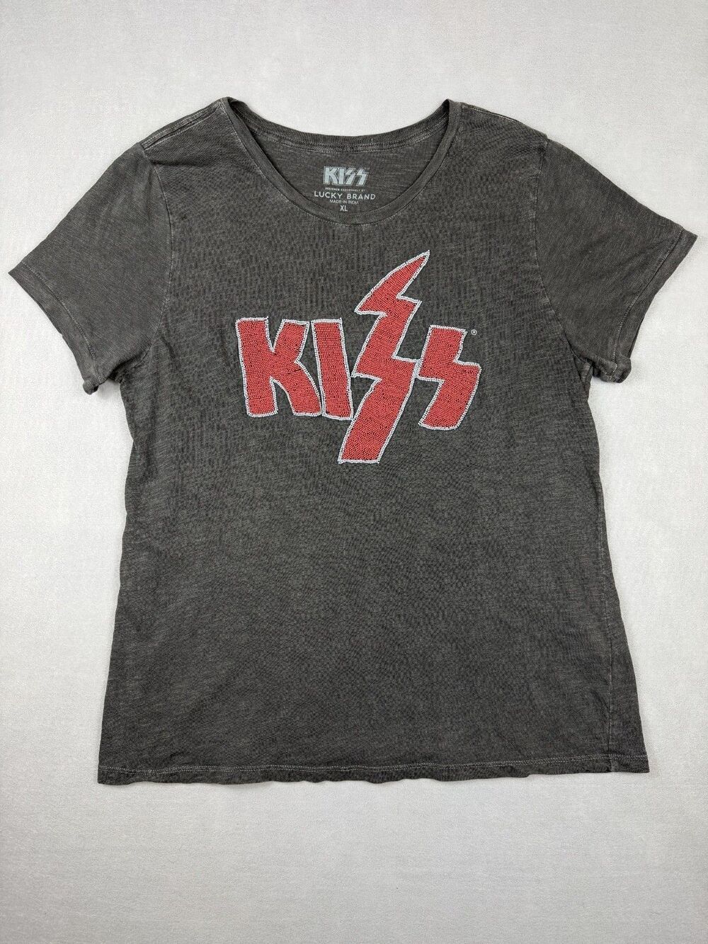 Kiss by Lucky Brand Gray Beaded Graphic Tee Women's XL Short Sleeve